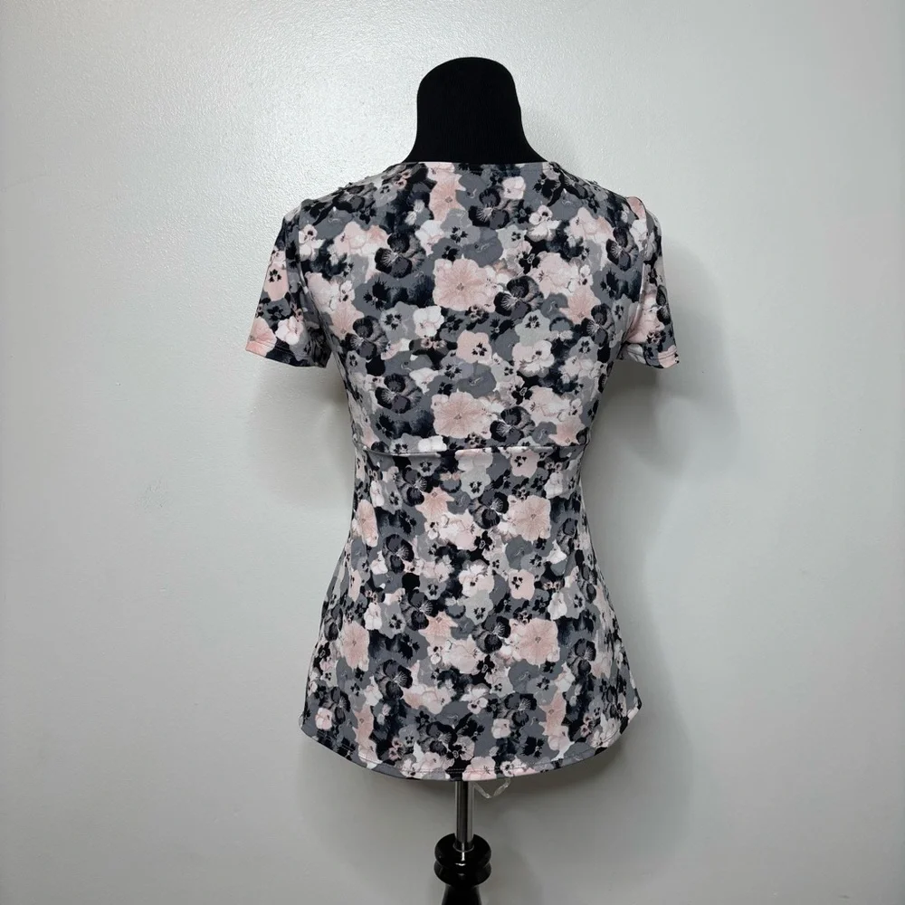 Daisy Fuentes Floral Twist Front Top XS — Pink Gray Black Short Sleeve Blouse - Picture 3 of 7